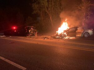 Impaired driver in ford fusion crashes into police car, car bursts into flames