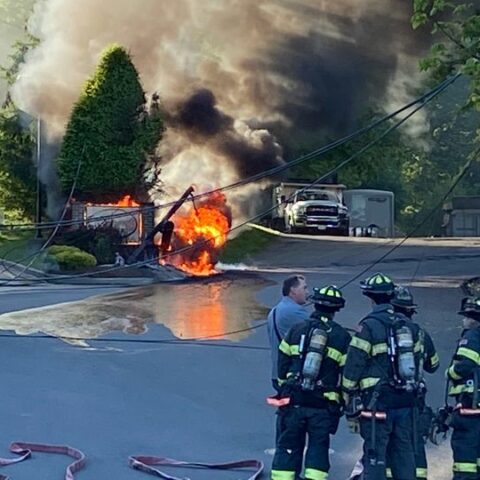 Truck downs powerlines, causes fire in new city - photo licensed by shore news network.