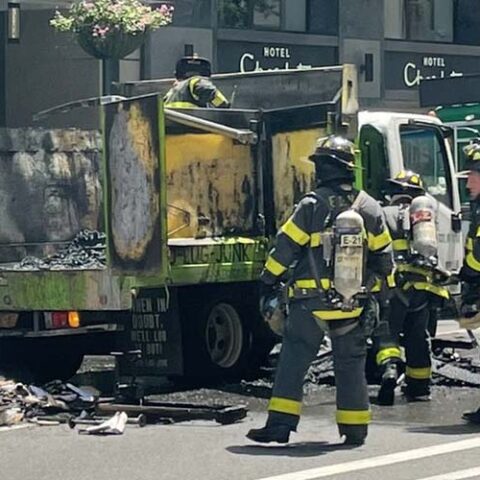 New york city firefighters respond to vehicle fire in manhattan - photo licensed by shore news network.