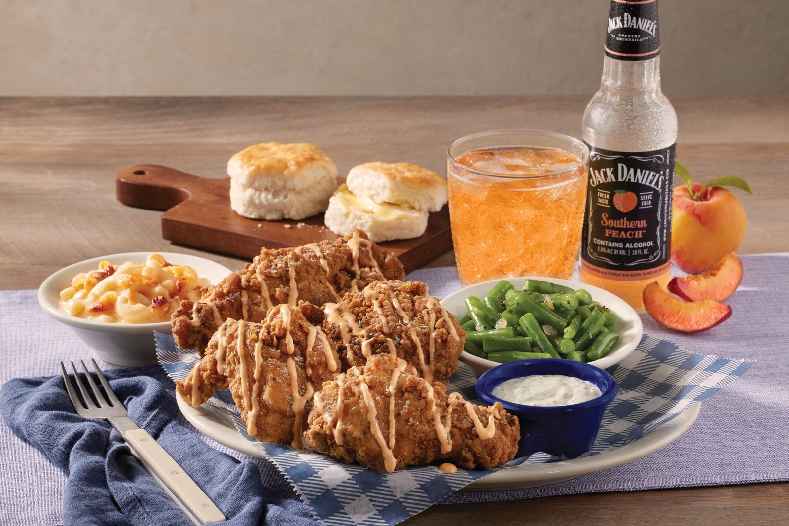 Cracker Barrel Old Country Store Kick'n Ranch Fried Chicken with Jack Daniels Country Cocktail Southern Peach