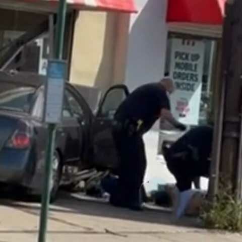 Suspect fleeing from police carjacked vehicle, crashed into kfc - photo licensed by shore news network.
