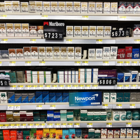 Cigarettes on display for sale in local drug store for purchase for customers.