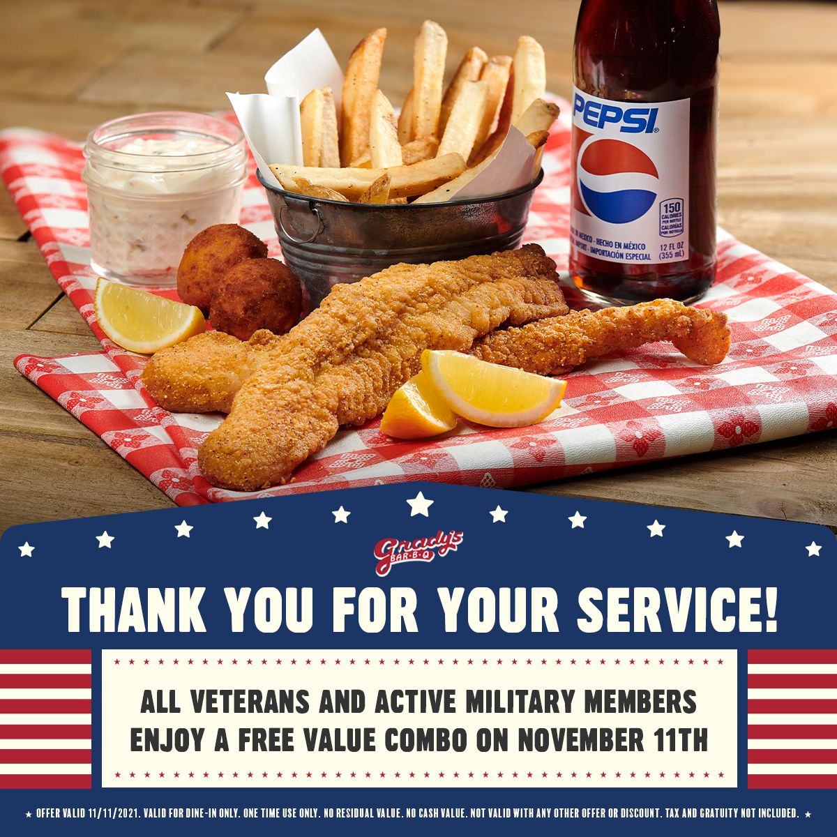 Grady's BBQ Will Be Celebrating Veterans Day, Thursday November 11th With a Free Meal for Veterans and Active Military Members