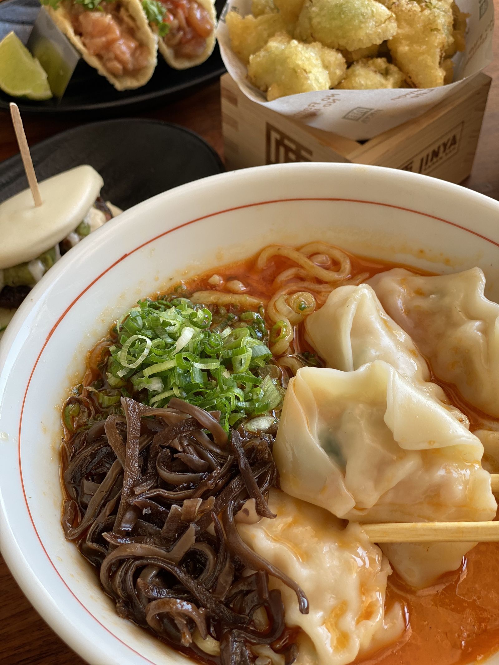 JINYA Ramen Bar Chicken Wonton Ramen, Brussels Sprouts Tempura and Spicy Tuna Tacos