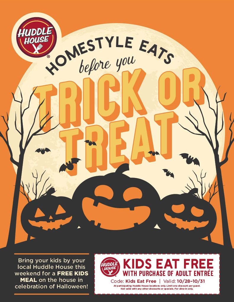 Kids Eat Free October 28 - 31 at Huddle House