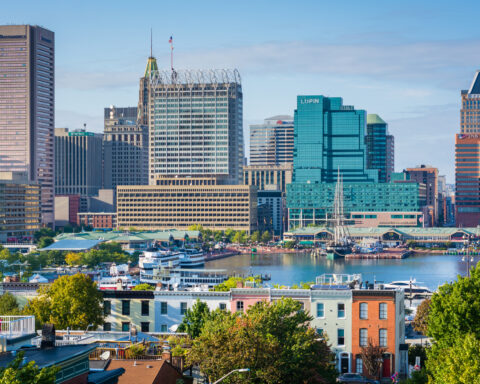 A view of Federal Hill & the Inner Harbor, in Baltimore, Maryland