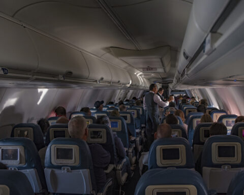 : Flight attendants doing the drink and snack service on the domestic flight. flight service,airplane cabin,airplane,drink,