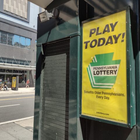 Sign advertising the pennsylvania lottery. This photo was taken in center city, philadelphia, pennsylvania, on august 18th 2022.