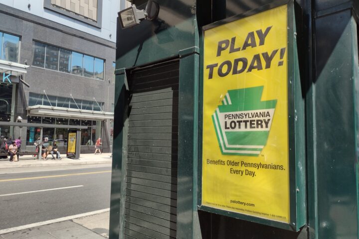 Sign advertising the Pennsylvania Lottery. This photo was taken in Center City, Philadelphia, Pennsylvania, on August 18th 2022.