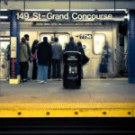 Bronx, New York City, USA - Commuters on Grand Concourse subway platform in the Bronx, New York City. There are 468 subway stations in the NYC transit system.