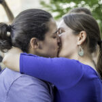 MADISON, WISCONSIN USA - JUNE 6: A lesbian couple getting married on the steps of the City County Building after a judge struck down Wisconsin s gay marriage ban on Friday June 6, 2014 in Madison, WI