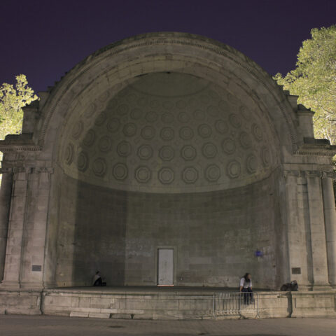 The naumber bandshell in central park at night. Used for special events, shows, and location of fireworks on new years eve. Photographed september, 2008.
