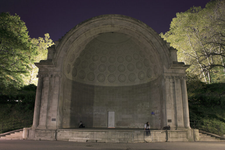 The Naumber Bandshell in Central Park at night. Used for special events, shows, and location of fireworks on New Years Eve. Photographed September, 2008.