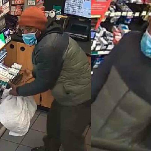 On november 11, 2022, the suspect jumped over a gas station counter in the 3900 block of morse road and stole hundreds of dollars of cigarettes from the display racks.