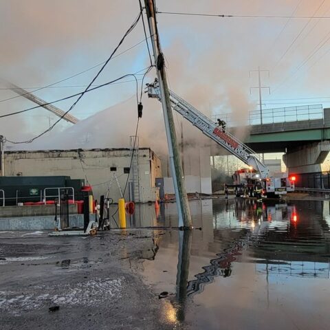 Firefighters battling a 3-alarm fire at a food preparation company near the corner of e. Elizabeth & n. Park ave. Photo provided by linden police dept.