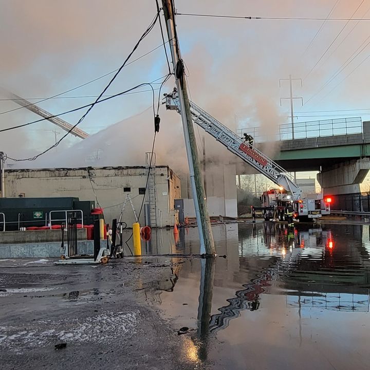 Firefighters battling a 3-alarm fire at a food preparation company near the corner of E. Elizabeth & N. Park Ave. Photo provided by Linden Police Dept.
