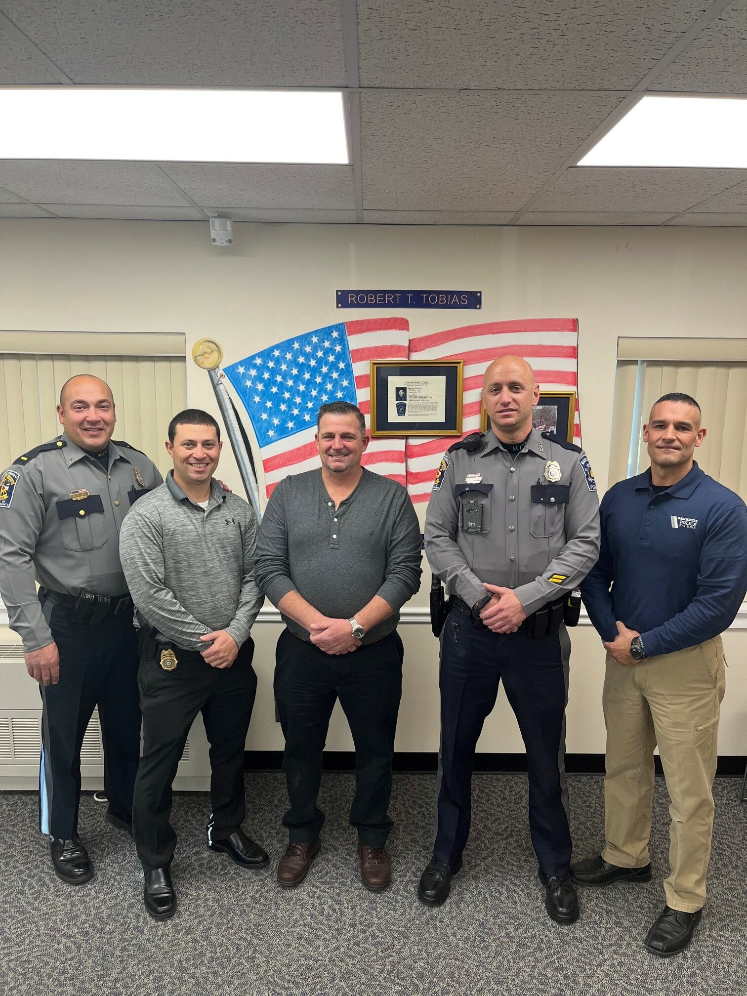 On December 20, 2022 at approximately 1:00 p.m., Dale Dexter came to Manchester Police Headquarters to meet, in-person the two officers, he credits with saving his life following a heroin induced overdose at approximately 6:29 a.m., on February 10, 2016.