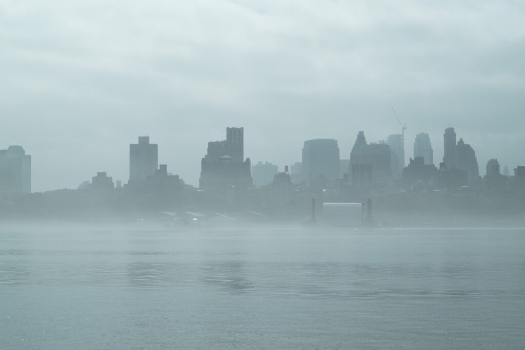 A foggy and rainy morning in Manhattan.