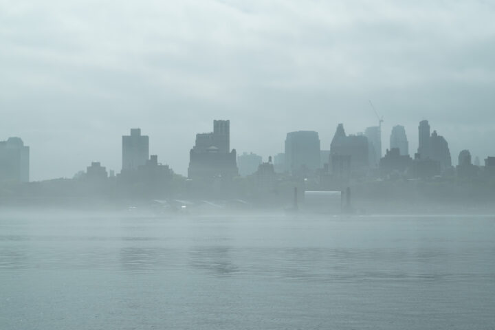 A foggy and rainy morning in Manhattan.