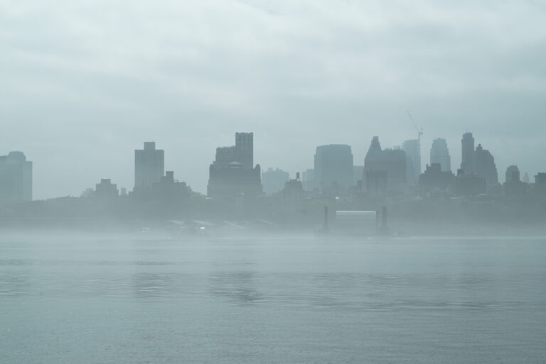 A foggy and rainy morning in Manhattan.