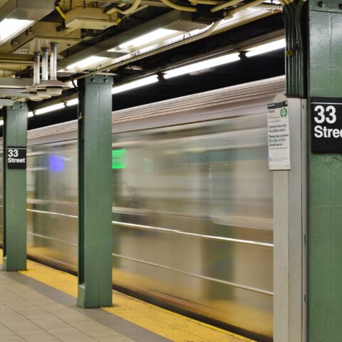 New york mta subway interior platform fast train motion 33rd street manhattan