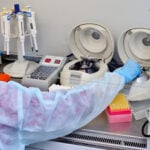 Dna test in the lab. a laboratory technician with a dispenser in his hands is conducting dna analysis in a sterile laboratory
