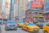 Traffic at broadway and 50th street on sunny winter day, manhattan new york city usa.
