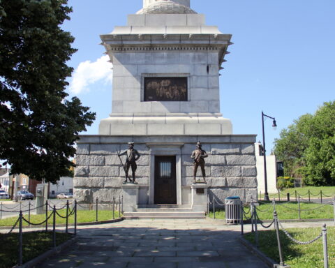 Battle Monument, commemorates the December 26, 1776 Battle of Trenton, dedicated in 1893, base of the monument, Trenton, NJ, USA - June 17, 2022