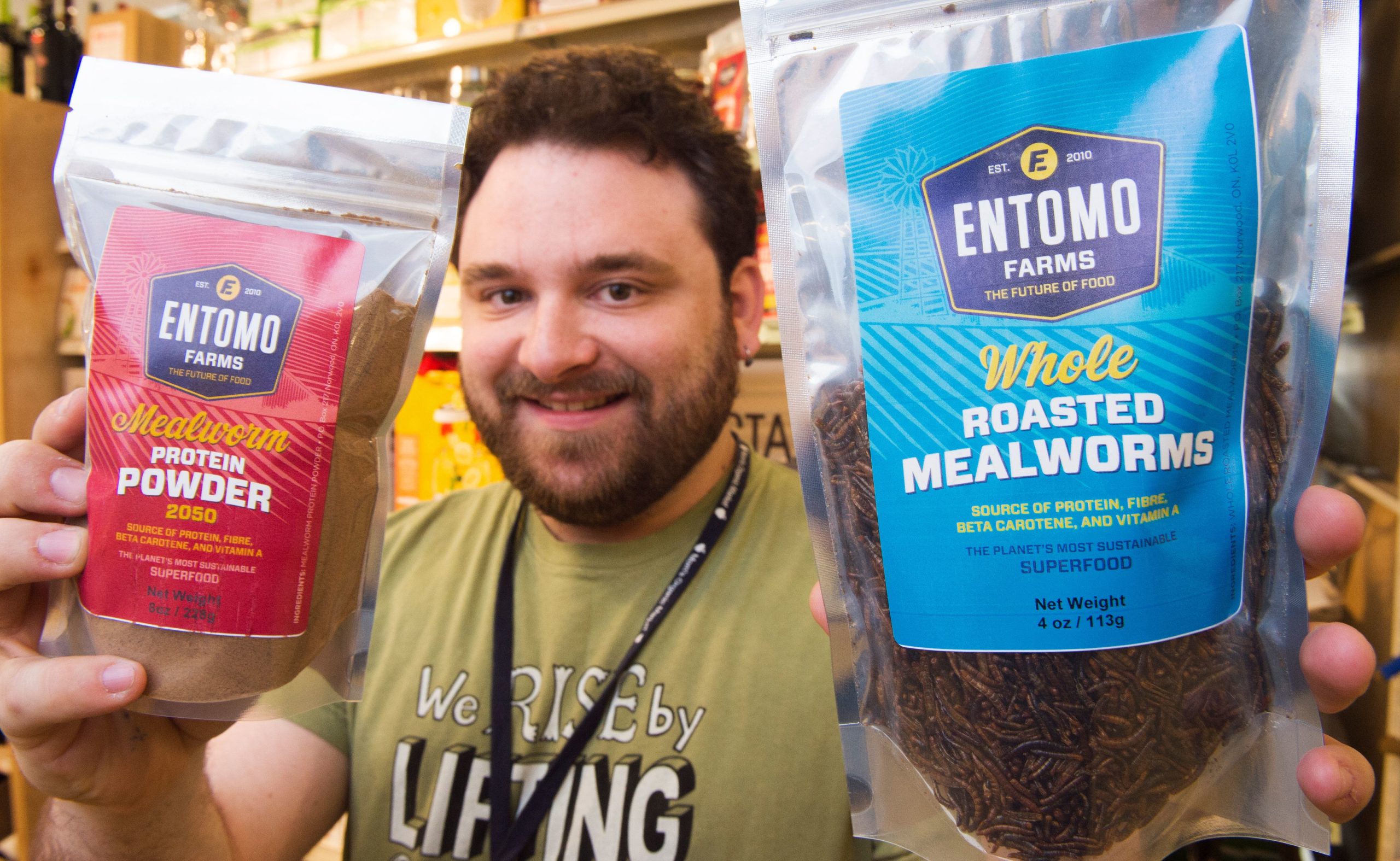 EU Approves Use Of ‘Cricket Powder’ In Food, Citing ‘Environmental Pressures’ Kyle Morgan, Grocery Manager at MOM's Organic Market in Washington, DC, holds bags of Mealworm Protein Powder and Whole Mealworms on April 12, 2017. (Photo by PAUL J. RICHARDS/AFP via Getty Images)