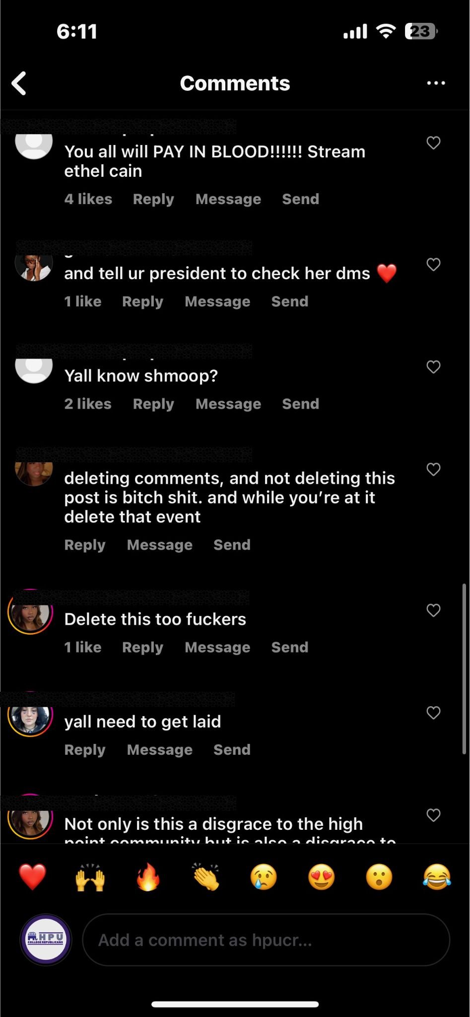 ‘Hope You Get Gutted’: Conservative Students Face Threats After Trying To Show Daily Wire Documentary On Campus A screenshot of Instagram comments left on High Point University College Republicans post.