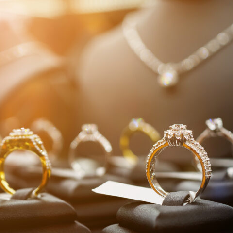 Wedding ring display at jewelry store - stock photo - piman khrutmuang