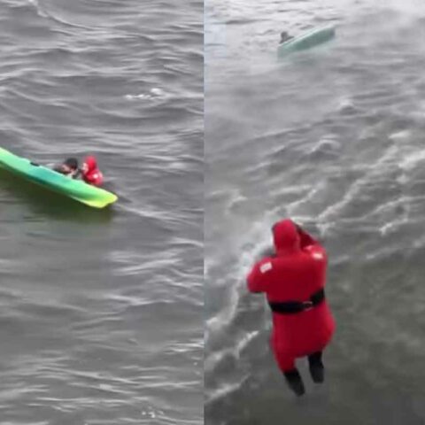 A hunter was rescued by suffolk county police officers after his kayak capsized in narrow bay this morning.
