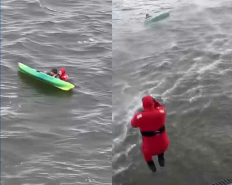 A hunter was rescued by Suffolk County Police officers after his kayak capsized in Narrow Bay this morning.