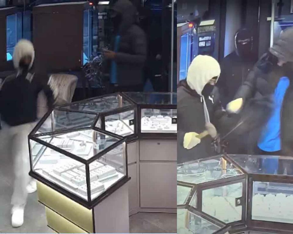 1/8/23, approx. 5PM, inside Facet Jewlery 99 7th Ave @NYPD78PCT Brooklyn. The suspects threatened a 59-yr-old victim while smashing the display cases and removing jewelry.