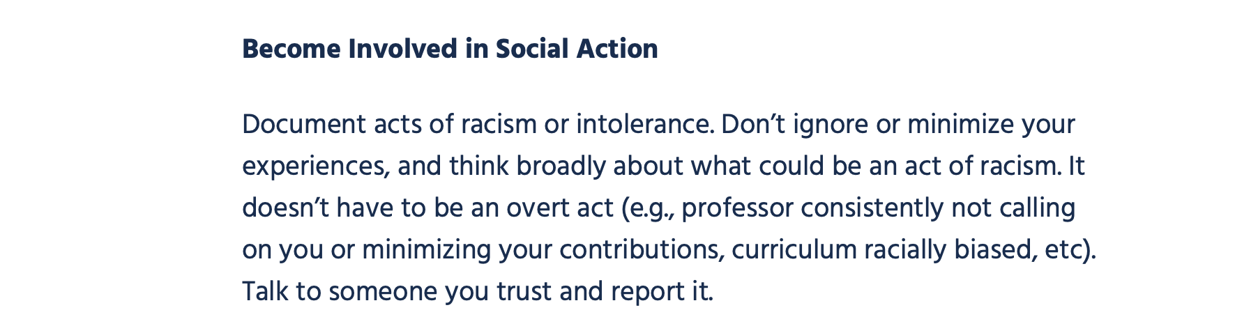 University Tells Students To Report Professors For Causing ‘Race-Related Stress’ — By Not Calling On Them In Class A section from the "Coping with Racism & Discrimination" list.