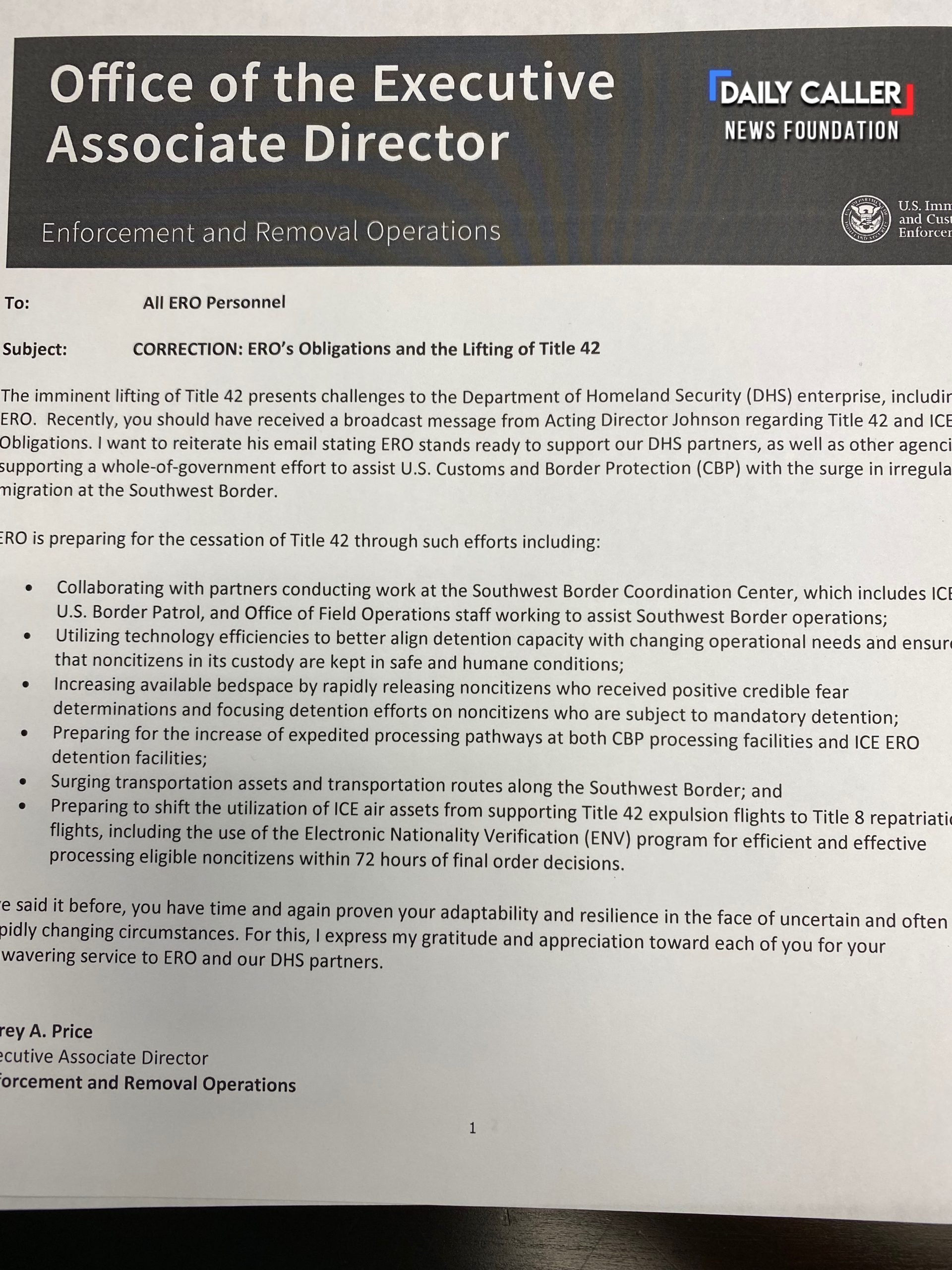 EXCLUSIVE: ICE Memo Calls For ‘Rapidly Releasing’ Illegal Immigrants Ahead Of Trump-Era Border Policy’s End ICE memo obtained by the Daily Caller News Foundation
