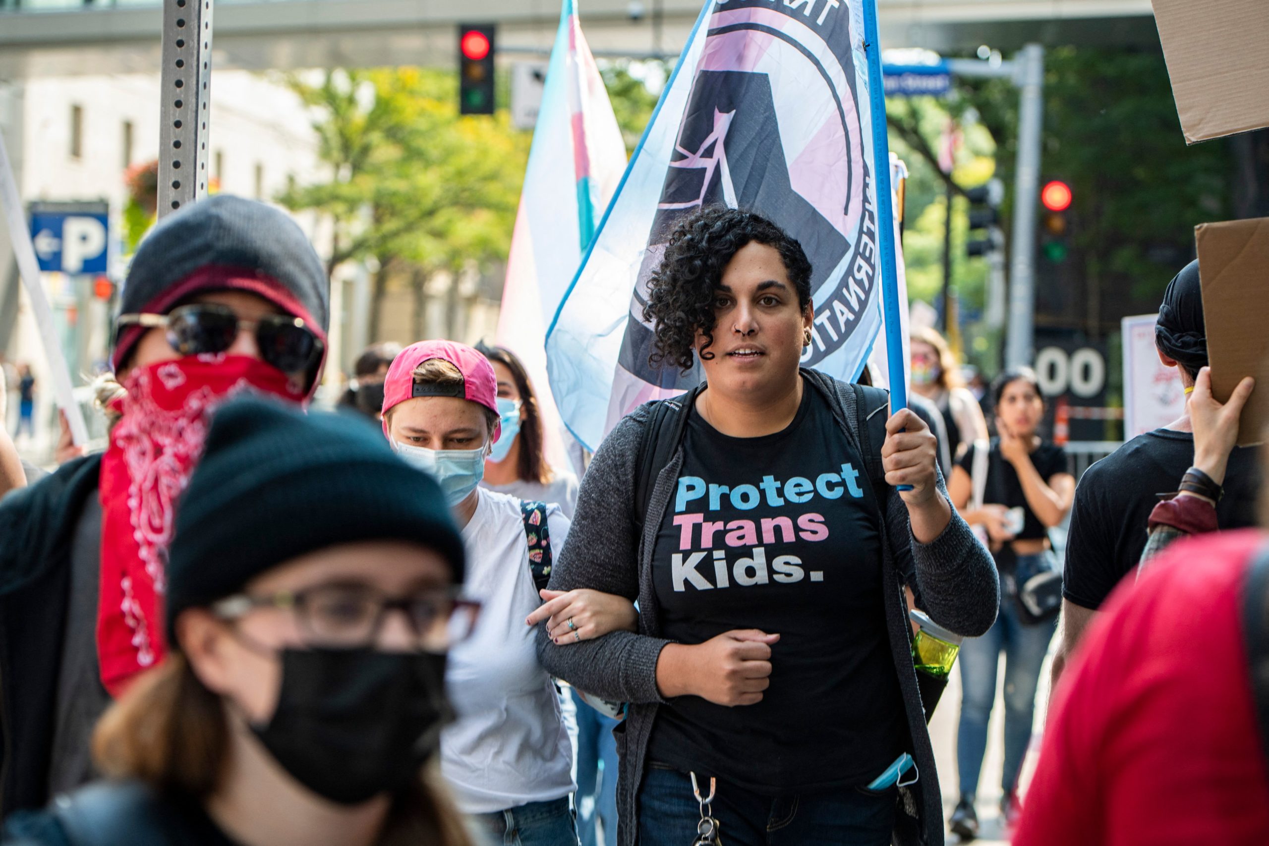 ‘Chilling Effect’: States Are Cracking Down On Therapists Who Don’t Affirm Kids’ Trans Identities Demonstrators calling for support of trans-children and gender affirmation treatments rally outside of Boston Childrens Hospital in Boston, Massachusetts, on September 18, 2022. - The demonstrators showed up as a counter-protest to a group that was against the hospital's programs that deal with gender affirmation surgeries and hormonal treatments. (Photo by Joseph Prezioso / AFP) (Photo by JOSEPH PREZIOSO/AFP via Getty Images)