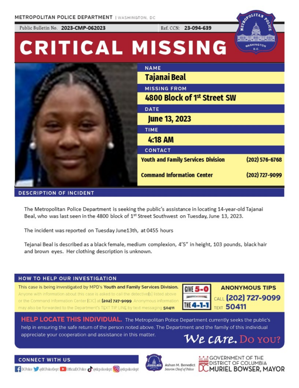 14-Year-Old Girl Reported Missing in D.C. 14-Year-Old Girl Reported Missing in D.C.