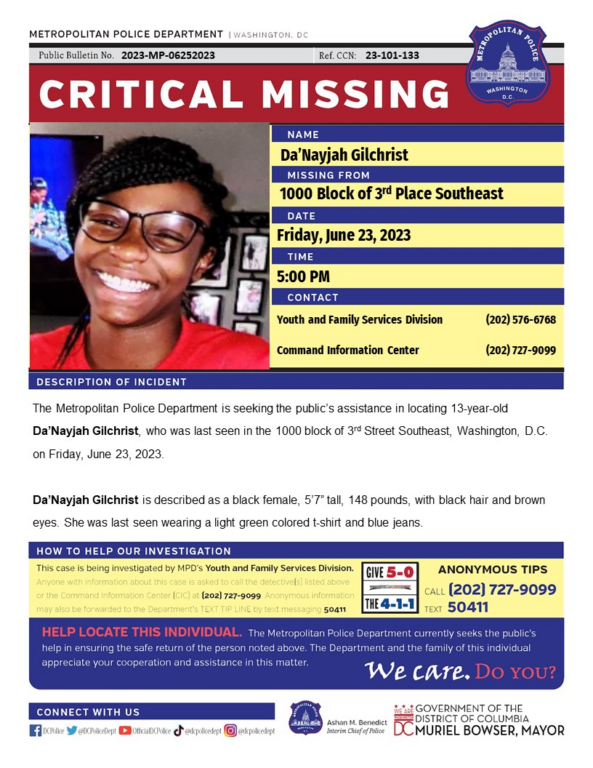 13-Year-Old Girl Reported Critical Missing In D.C. 13-Year-Old Girl Reported Critical Missing In D.C.