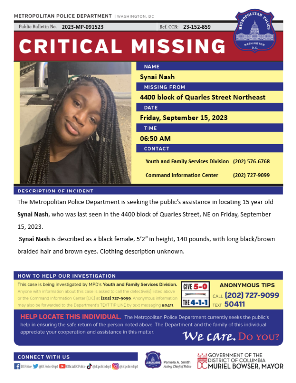 15-Year-Old Girl Reported Missing In D.C. 15-Year-Old Girl Reported Missing In D.C.