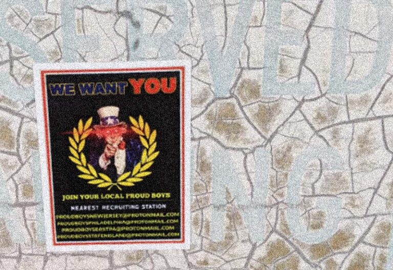 Proud boys making presence known in ocean county, recruiting posters - photo licensed by shore news network.