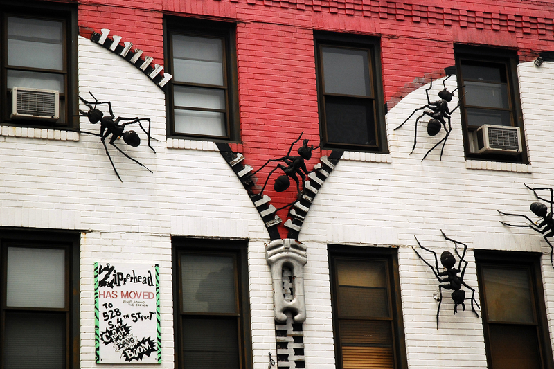 A South Philadelphia institution, Zipperheads was an punk rock clothing store famous for the giant ants crawling on the building. The store moved in 2010.