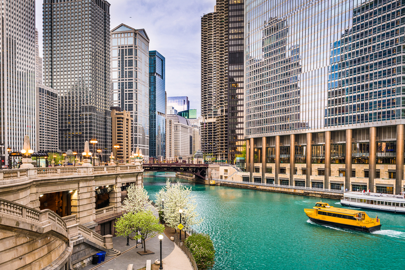 Chicago, Illinois, USA sightseeing cruise and skyline on the river