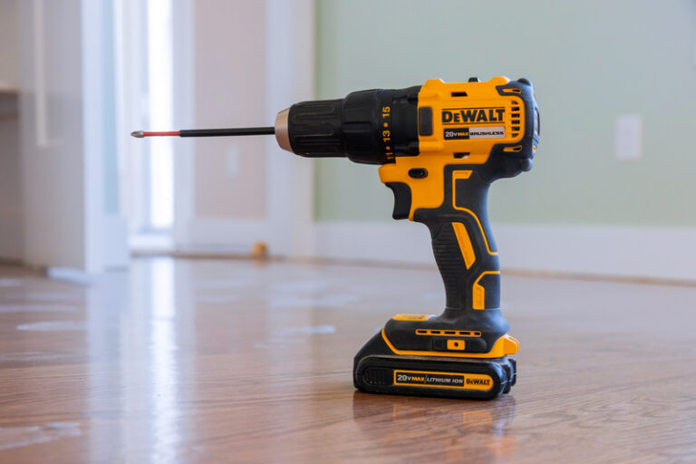 Dewalt cordless drill with no worker in sight to use it.