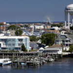 Panaramic view overlooking Ocean City, New Jersey from the bay to the ocean.n6 Pictures were used to make this large wide-angle view.n