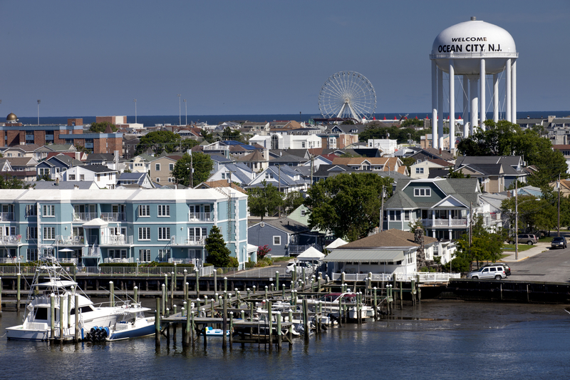 Panaramic view overlooking Ocean City, New Jersey from the bay to the ocean.n6 Pictures were used to make this large wide-angle view.n