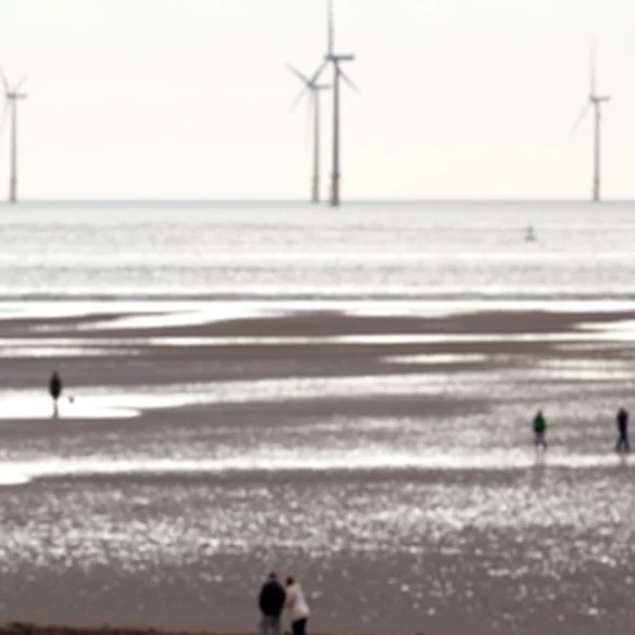 Wind turbines off the shore of a beach