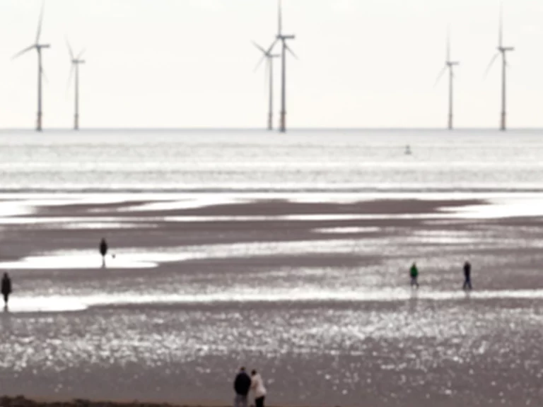 Wind turbines off the shore of a beach