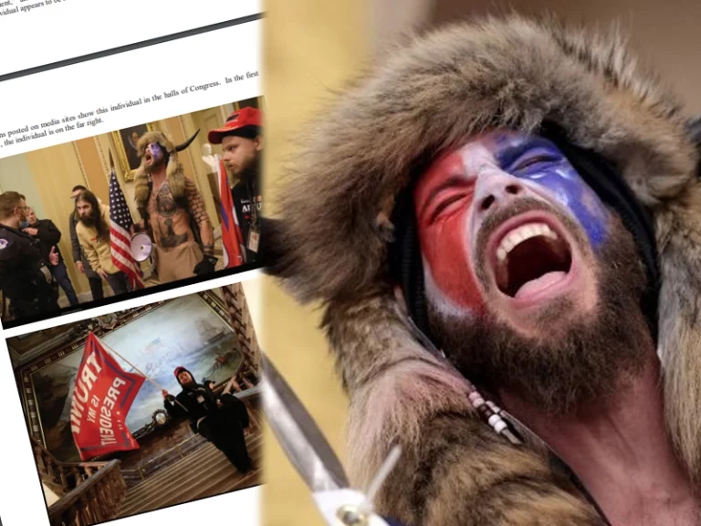 QAnon Shaman Jacob Chansley running for Congress. Photos by Department of Justice, Jacob Chansley, Twitter
