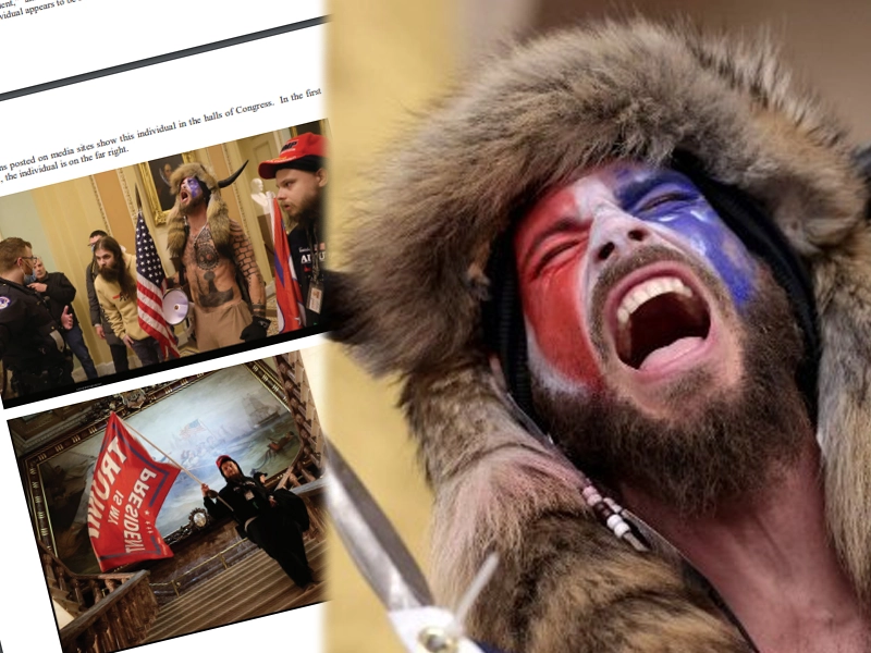 QAnon Shaman Jacob Chansley running for Congress. Photos by Department of Justice, Jacob Chansley, Twitter